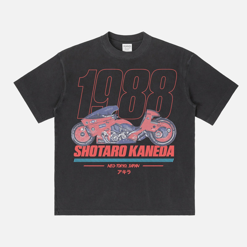 cool faded black and red Akira motorcycle graphic tee shirt, distressed JDM style anime manga movie streetwear t-shirt with red and blue graphic