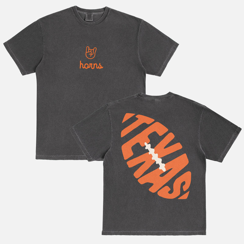 retro washed faded black and orange Texas Longhorns graphic t-shirt with horns logo and back print on a unisex comfort colors tee