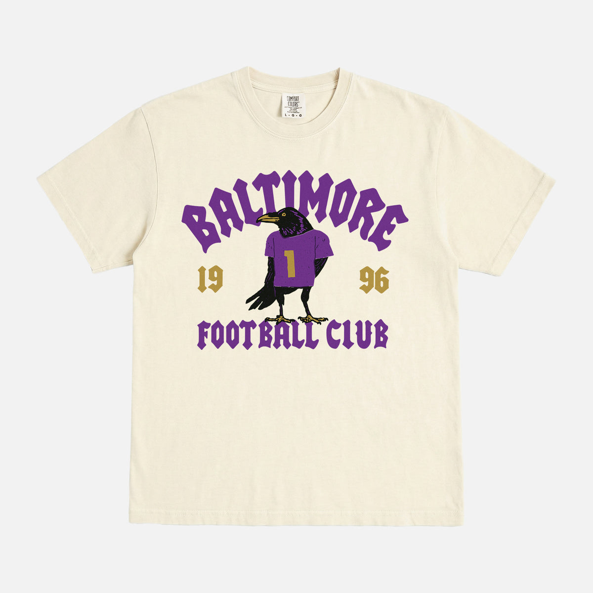 Retro black and purple Baltimore ravens nfl football fan graphic tee with streetwear text and raven mascot