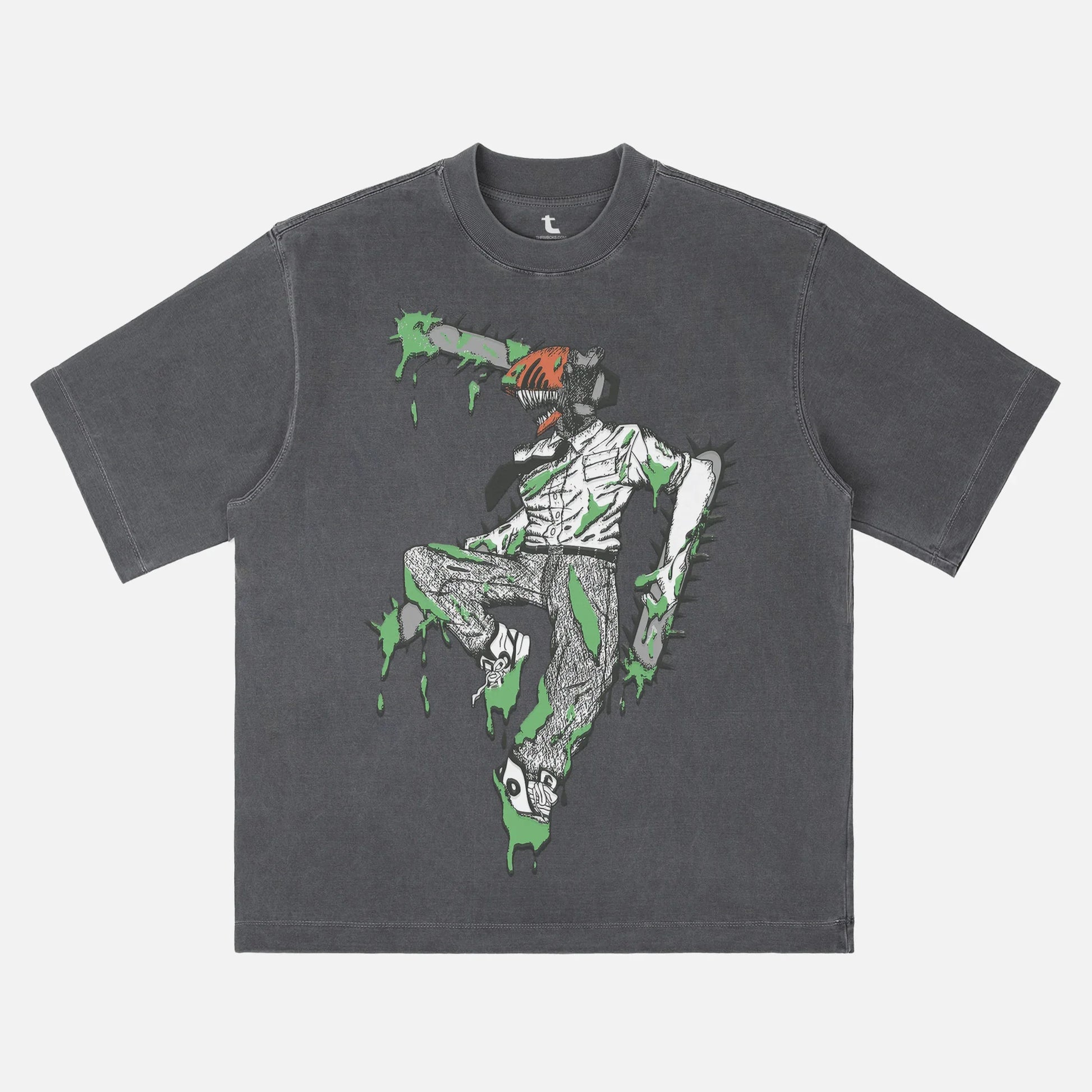 Heavyweight faded black Chainsaw Man graphic t-shirt for anime apparel fans