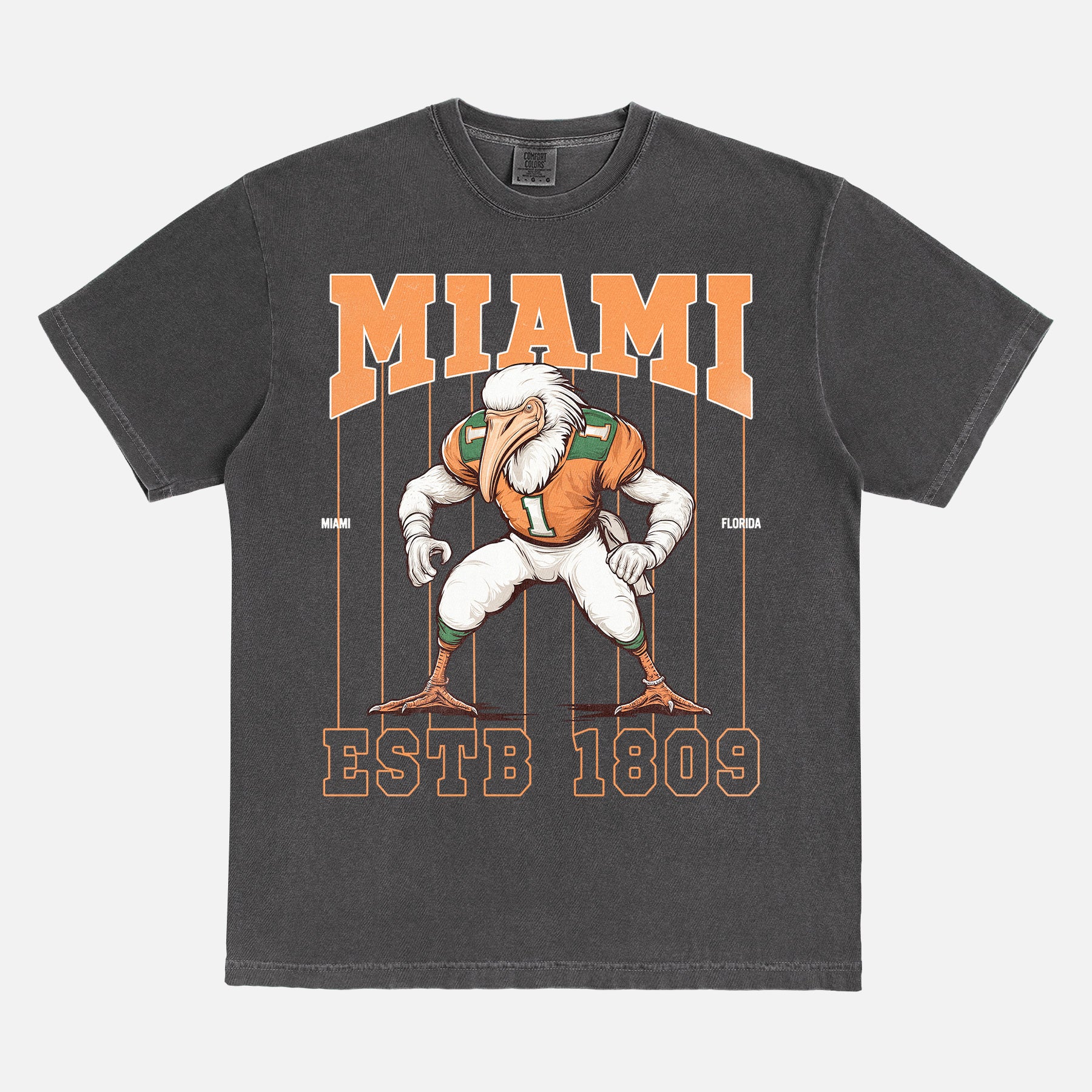 Cool washed black and orange Miami Hurricanes football mascot Comfort Colors t-shirt for sale at Throwbacks