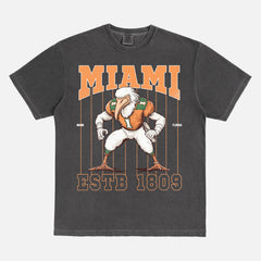 Cool washed black and orange Miami Hurricanes football mascot Comfort Colors t-shirt for sale at Throwbacks