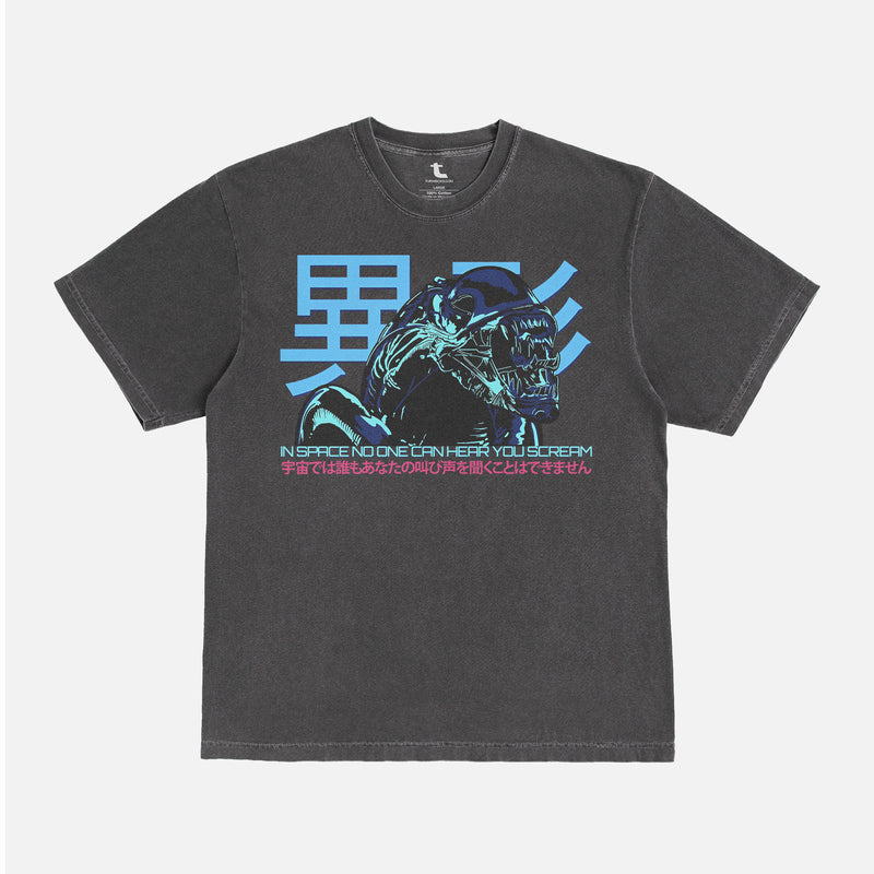 Washed black comfort colors Alien 1979 sci-fi horror movie t-shirt with retro neon xenomorph art and japanese movie poster text for sale at Throwbacks