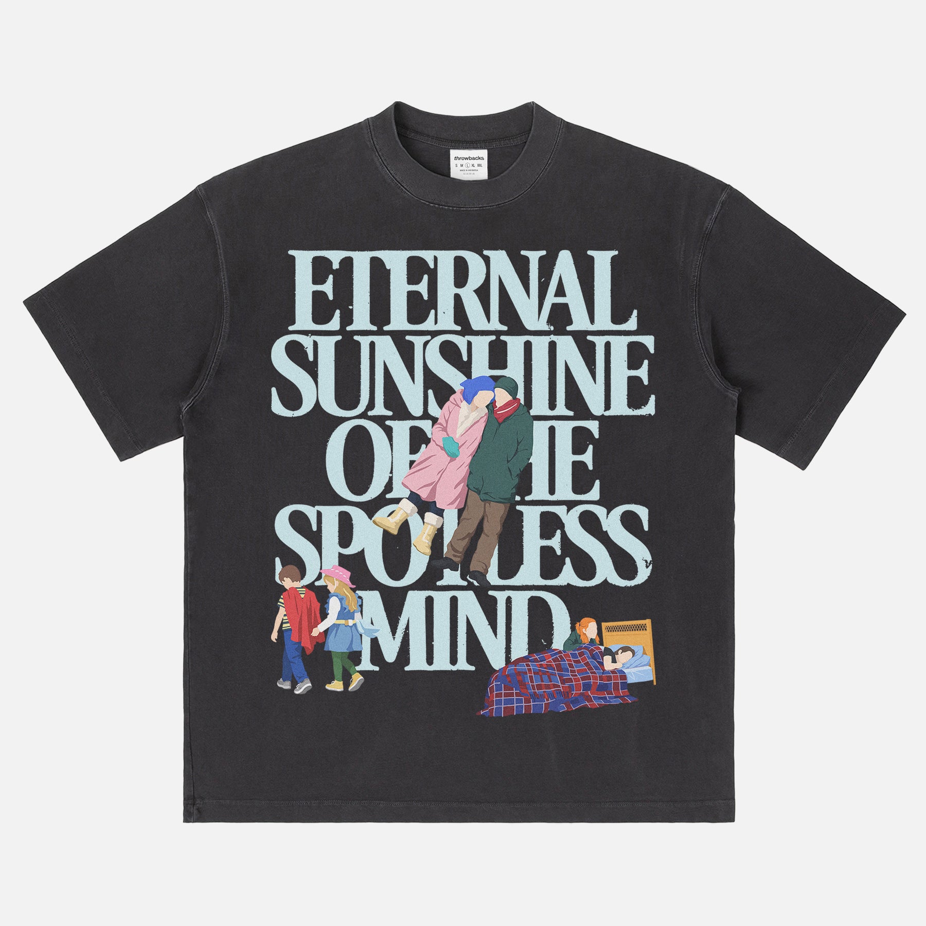 Cute Eternal Sunshine of the spotless mind movie t-shirt with large oversized front print illustrations of scenes from the movie on a vintage black blue unisex graphic tee