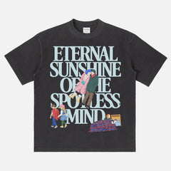 Cute Eternal Sunshine of the spotless mind movie t-shirt with large oversized front print illustrations of scenes from the movie on a vintage black blue unisex graphic tee