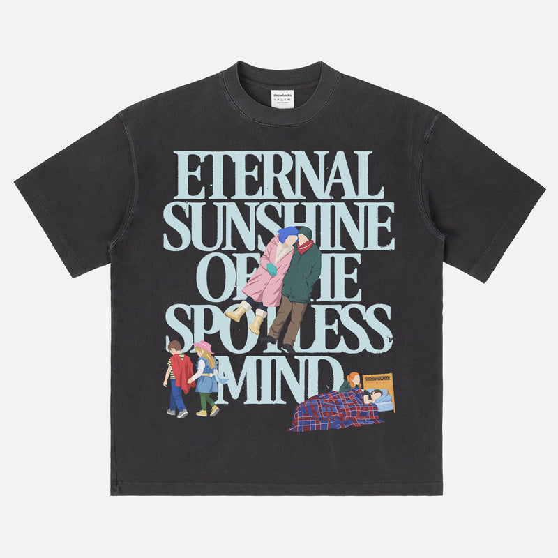 Cute Eternal Sunshine of the spotless mind movie t-shirt with large oversized front print illustrations of scenes from the movie on a vintage black blue unisex graphic tee