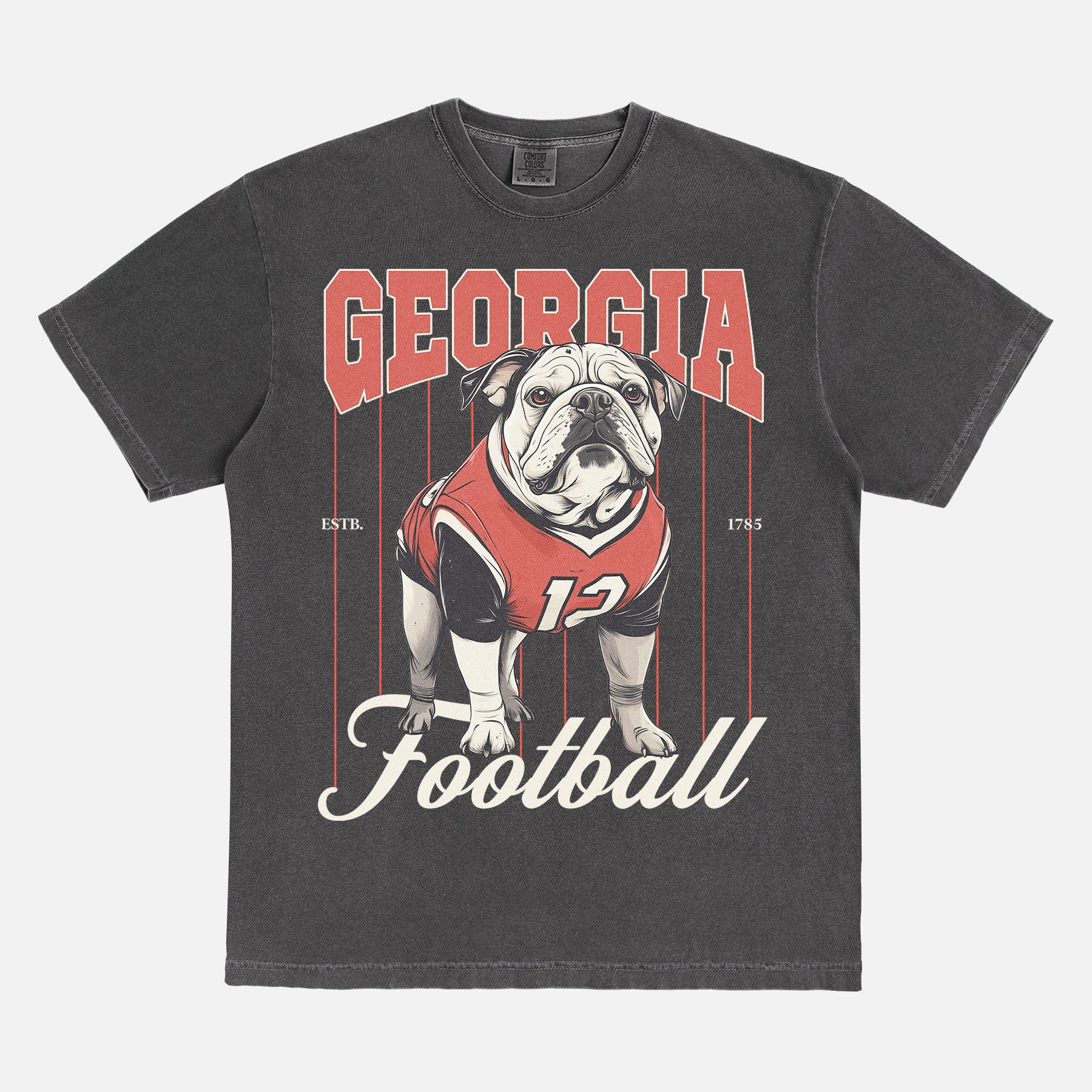 Vintage faded washed black Georgia Bulldogs graphic tee for Georgia football fans with vintage uga mascot design for men and women