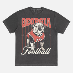 Vintage faded washed black Georgia Bulldogs graphic tee for Georgia football fans with vintage uga mascot design for men and women