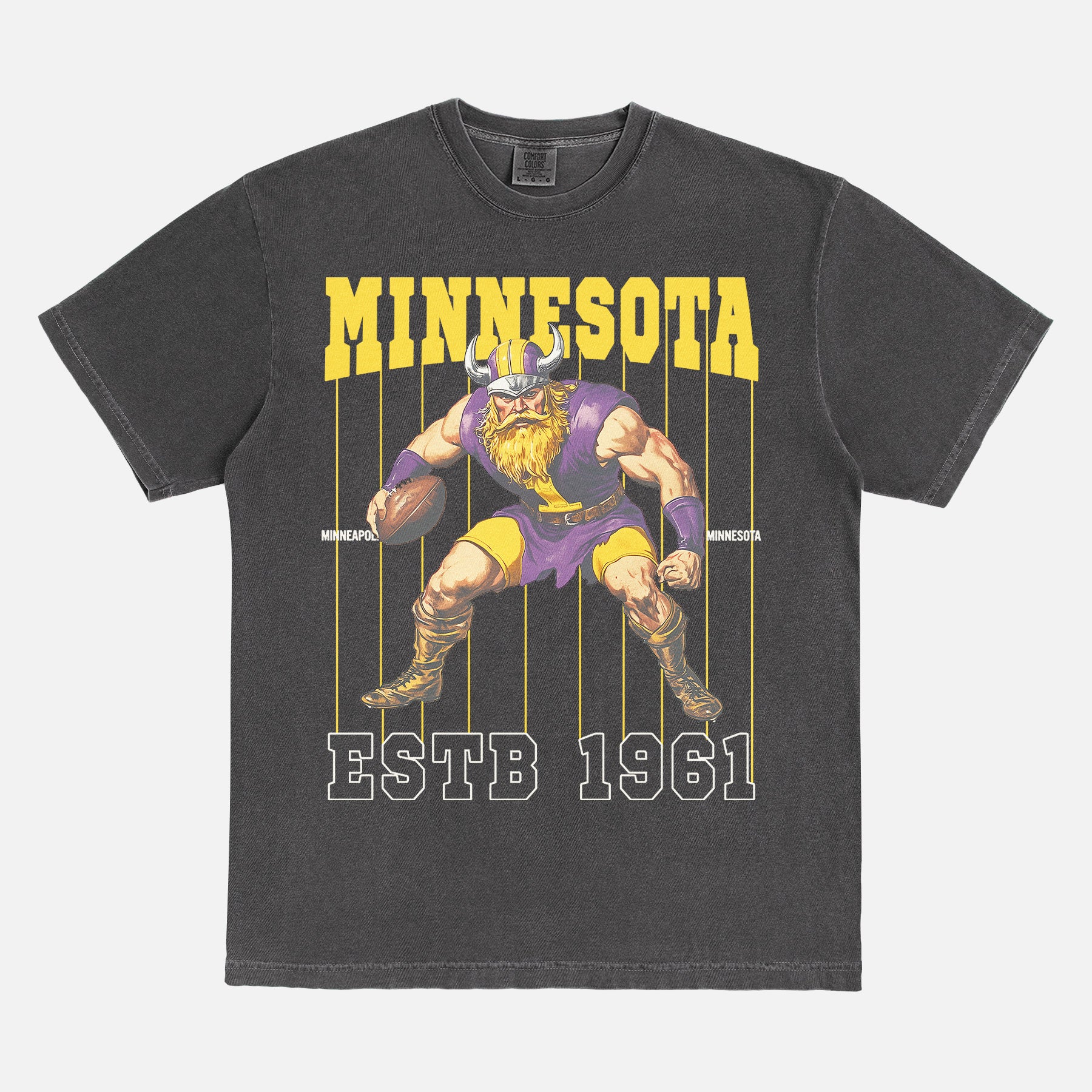old school minnesota vikings graphic t-shirt with retro mascot pinstripes design on a washed black comfort colors tee