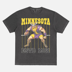 old school minnesota vikings graphic t-shirt with retro mascot pinstripes design on a washed black comfort colors tee