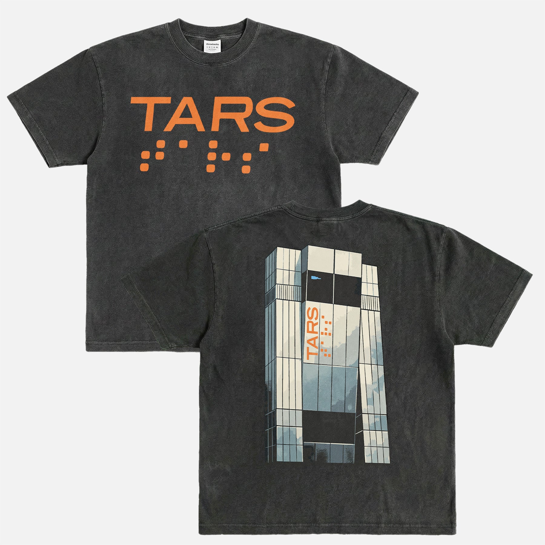 Christpher Nolan Interstellar Movie t-shirt, washed black streetwear style graphic tee with Tars illustration and logo