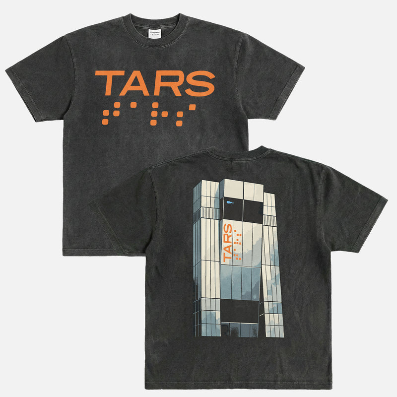 Christpher Nolan Interstellar Movie t-shirt, washed black streetwear style graphic tee with Tars illustration and logo