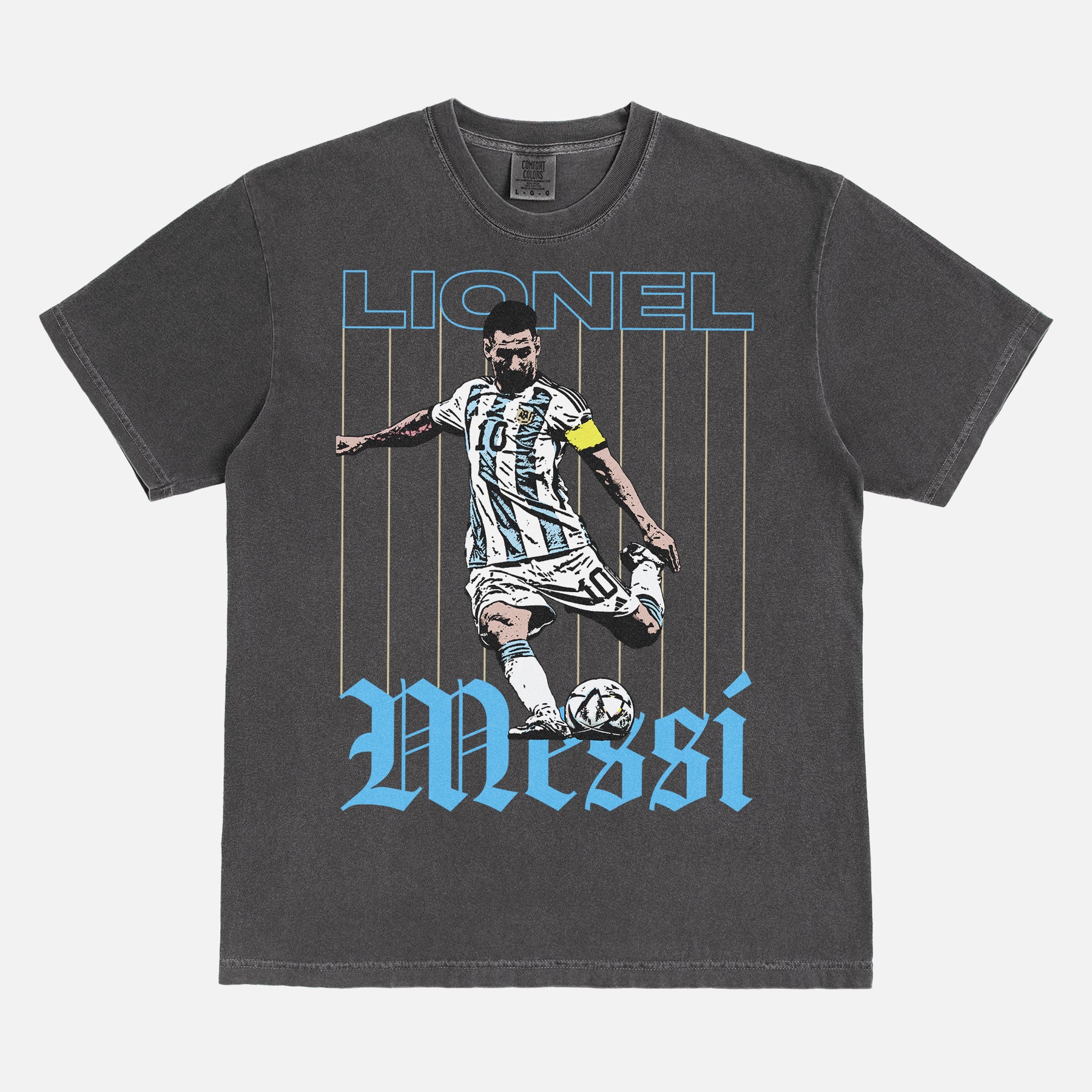Grunge Lionel Messi graphic t-shirt with retro pinstripes and streetwear style illustration of messi for argentina on a washed black unisex tee