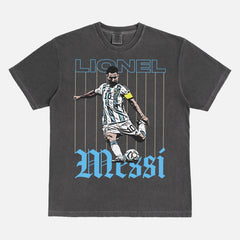 Grunge Lionel Messi graphic t-shirt with retro pinstripes and streetwear style illustration of messi for argentina on a washed black unisex tee