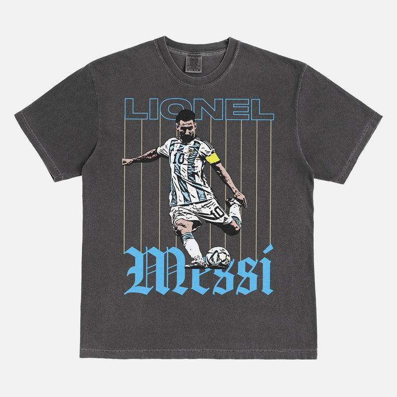 Grunge Lionel Messi graphic t-shirt with retro pinstripes and streetwear style illustration of messi for argentina on a washed black unisex tee