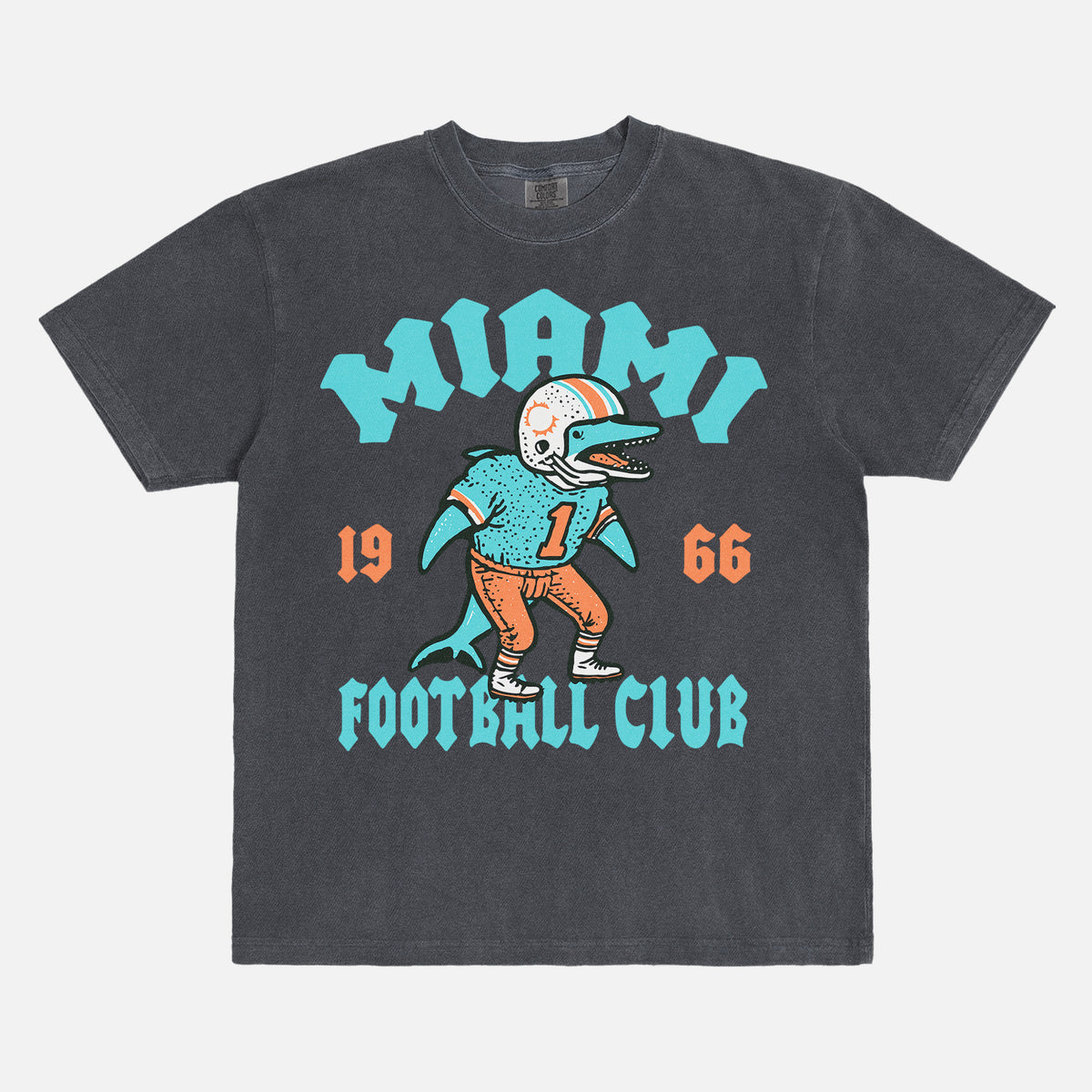 Cool retro Miami Dolphins NFL streetwear graphic t-shirt on washed black comfort colors shirt 
