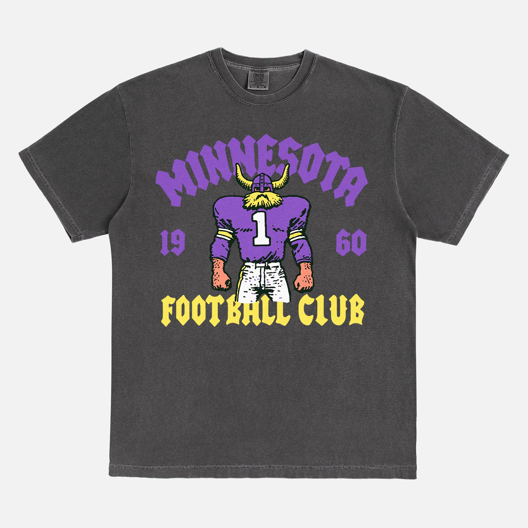 Minnesota Vikings NFL football fan streetwear graphic t-shirt with throwback viking mascot on a faded black comfort colors shirt