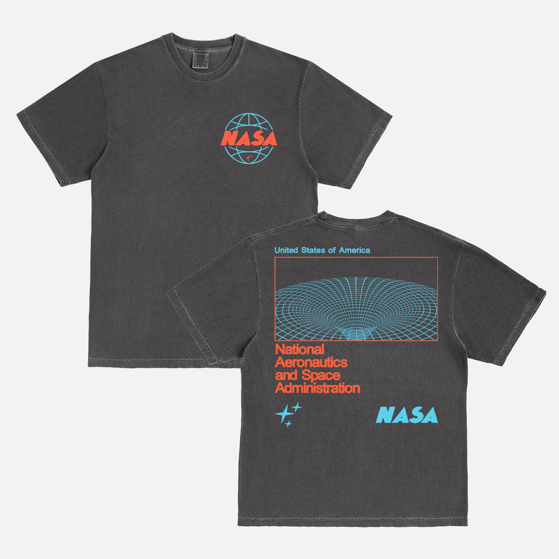 NASA logo graphic tee shirt with front and back print and oversized wormhole graphic and retro logo on a washed black unisex heayweight Comfort Colors t-shirt