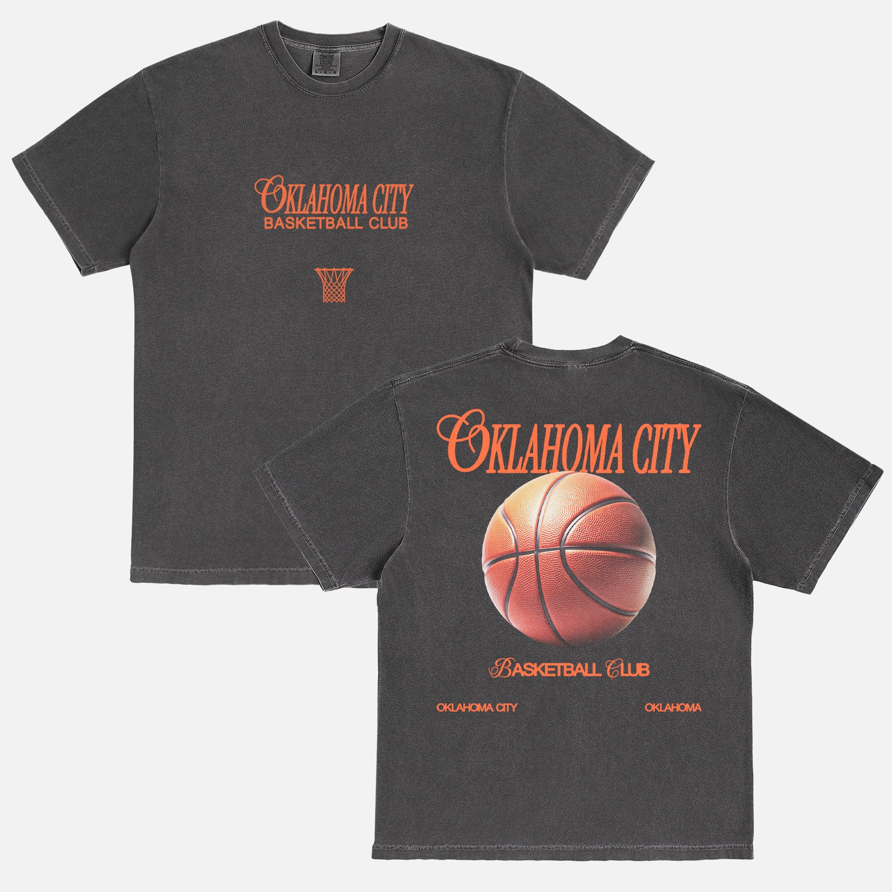 Vintage Oklahoma City Thunder OKC basketball streetwear t-shirt with front and back print on a faded black comfort colors shirt for sale at Throwbacks