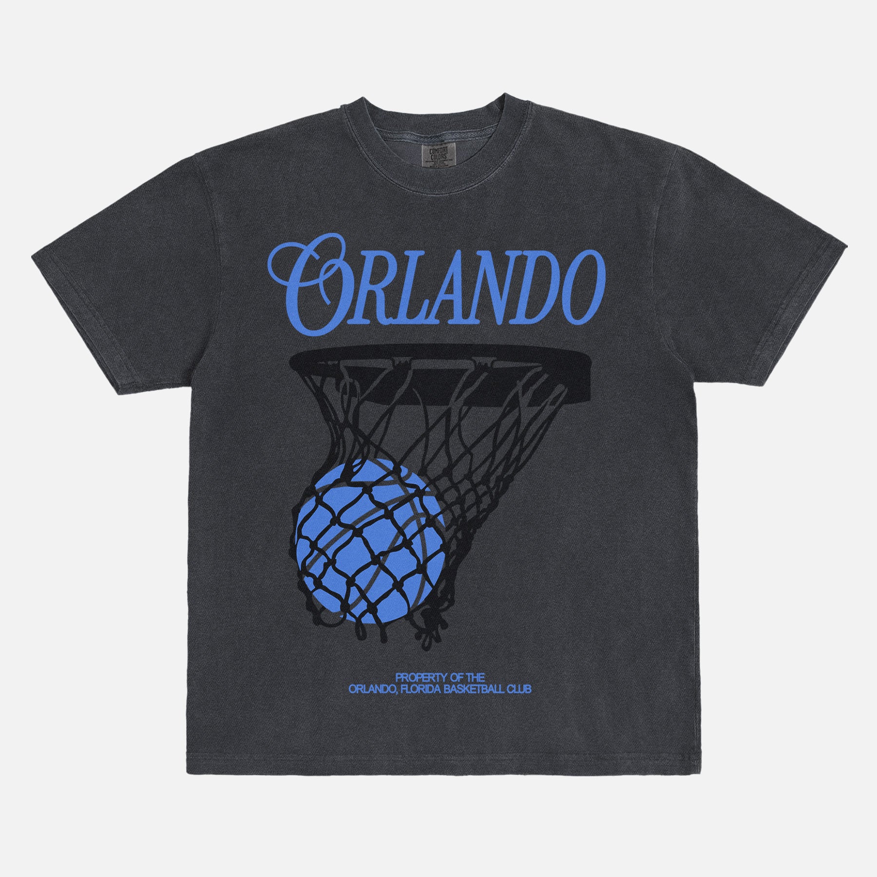 Orland Magic basketball t-shirt with streetwear graphic and jersey script text on a washed black unisex comfort colors tee