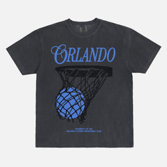 Orland Magic basketball t-shirt with streetwear graphic and jersey script text on a washed black unisex comfort colors tee