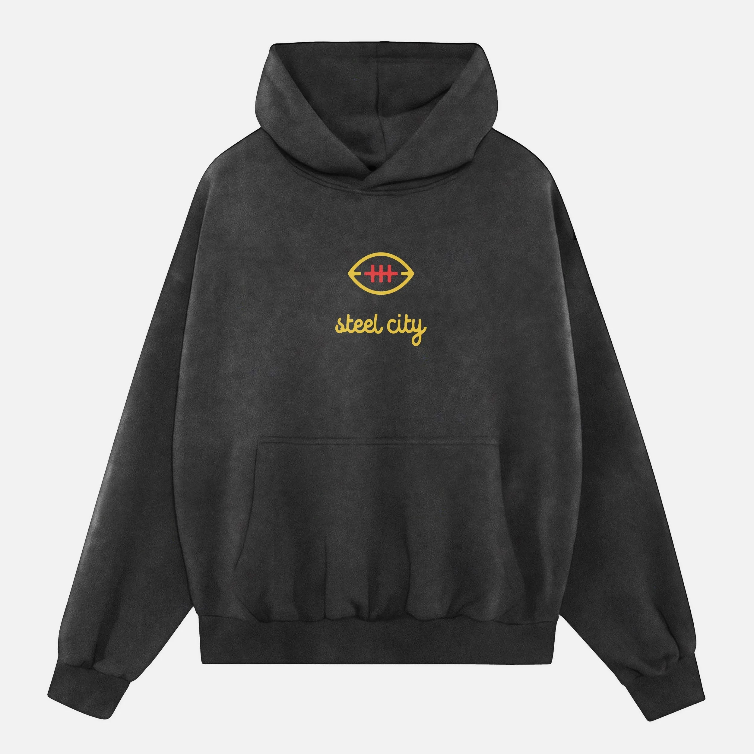 Faded washed black Pittsburgh Steelers hoodie, streetwear football hooded sweatshirt with red and yellow steel city logo