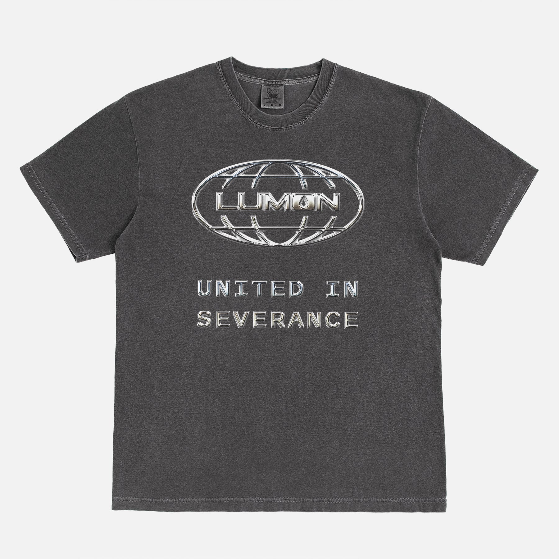 Macrodata Refinement Team at Lumon streetwear-style graphic tee featuring a custom chrome logo . Severance Apple TV Show t-shirt Printed on a faded black unsiex t-shirt 