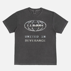 Macrodata Refinement Team at Lumon streetwear-style graphic tee featuring a custom chrome logo . Severance Apple TV Show t-shirt Printed on a faded black unsiex t-shirt 