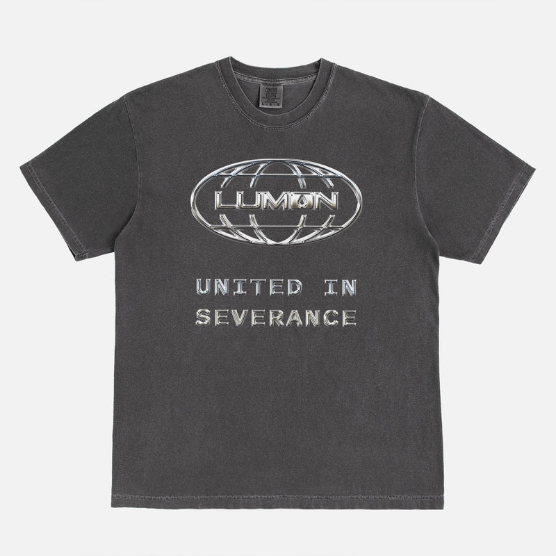 Macrodata Refinement Team at Lumon streetwear-style graphic tee featuring a custom chrome logo . Severance Apple TV Show t-shirt Printed on a faded black unsiex t-shirt 