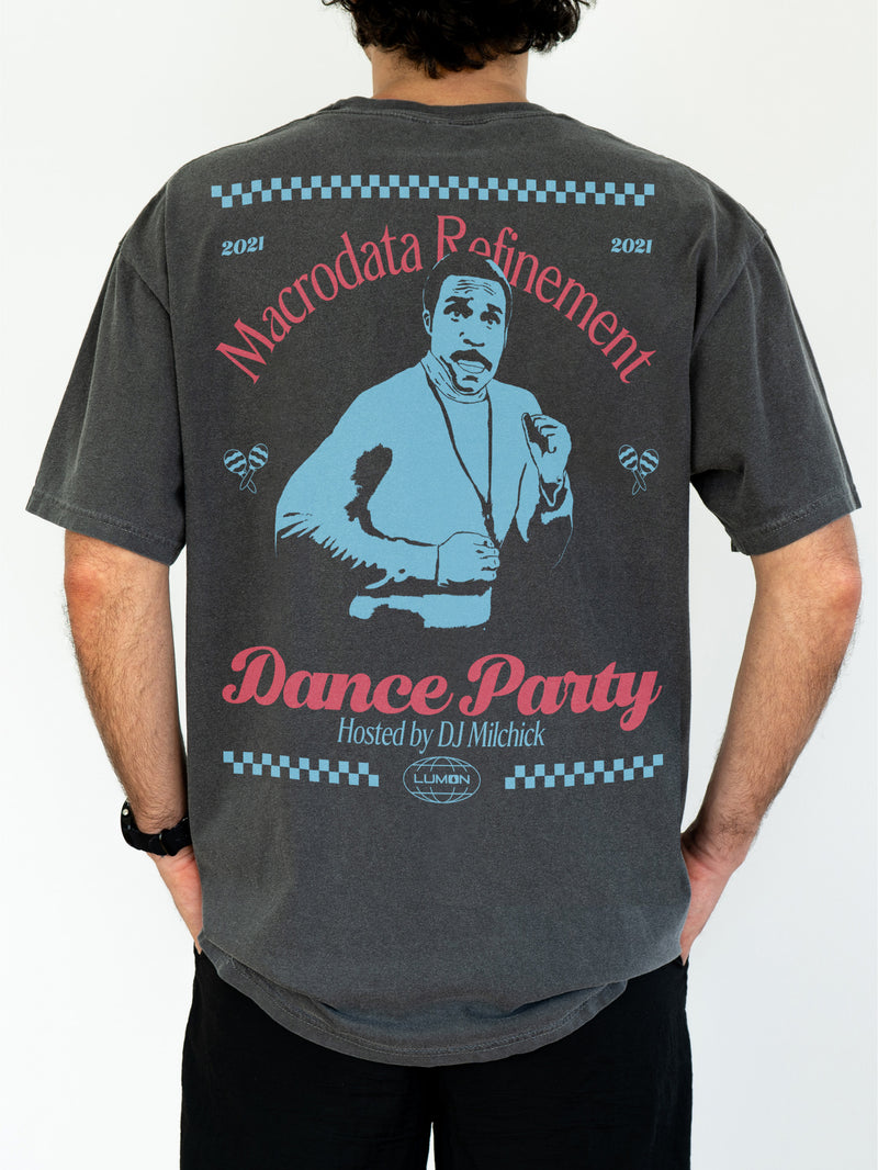 Funny Severance TV show graphic tee, Retro black Lumon macrodata refinement dance party t-shirt for sale 