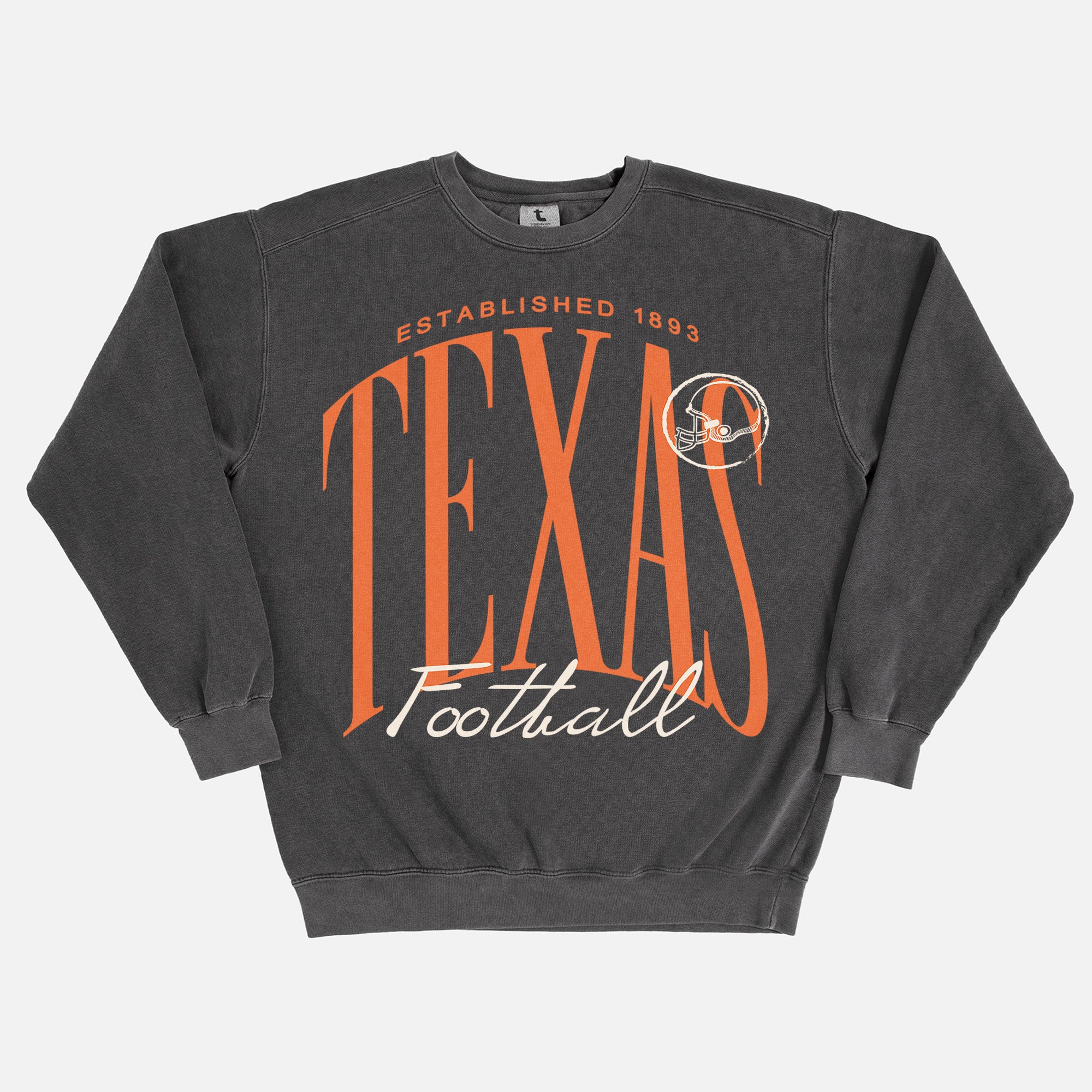 Heavyweight washed black Texas Longhorns college football sweatshirt with oversized orange print on comfort colors crewneck