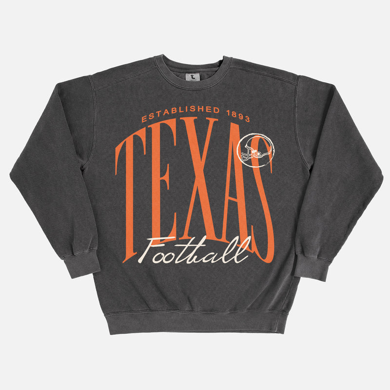Heavyweight washed black Texas Longhorns college football sweatshirt with oversized orange print on comfort colors crewneck