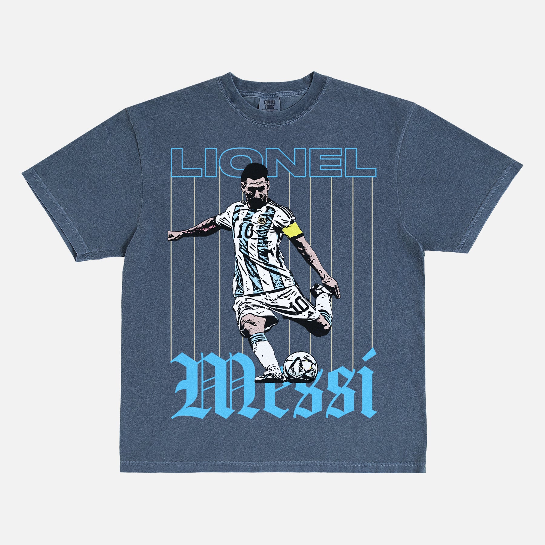 Grunge Lionel Messi graphic t-shirt with retro pinstripes and streetwear style illustration of messi for argentina on a washed navy unisex tee