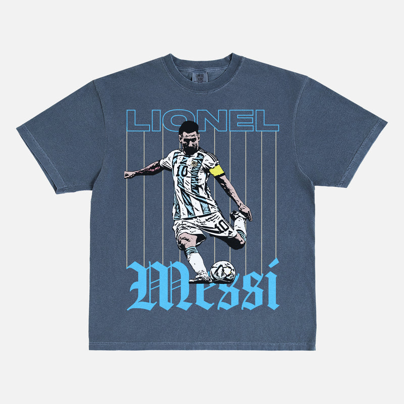 Grunge Lionel Messi graphic t-shirt with retro pinstripes and streetwear style illustration of messi for argentina on a washed navy unisex tee