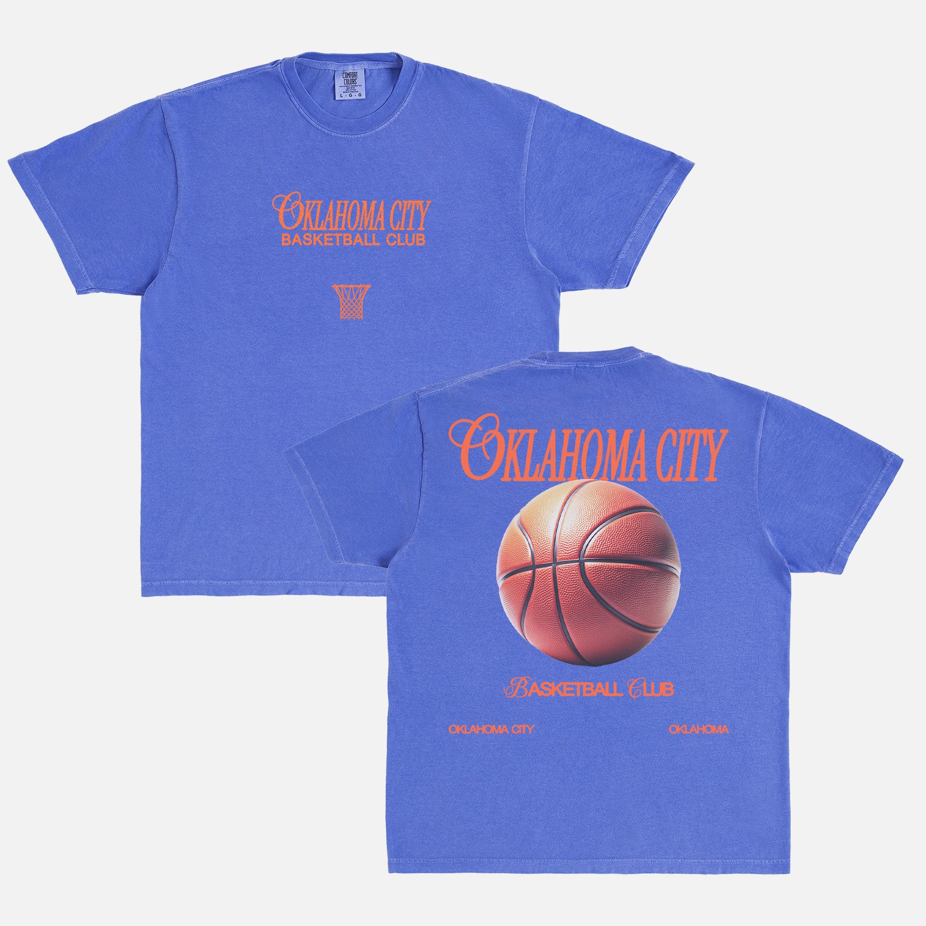 Vintage Oklahoma City Thunder OKC basketball streetwear t-shirt with front and back print on a faded blue comfort colors shirt for sale at Throwbacks