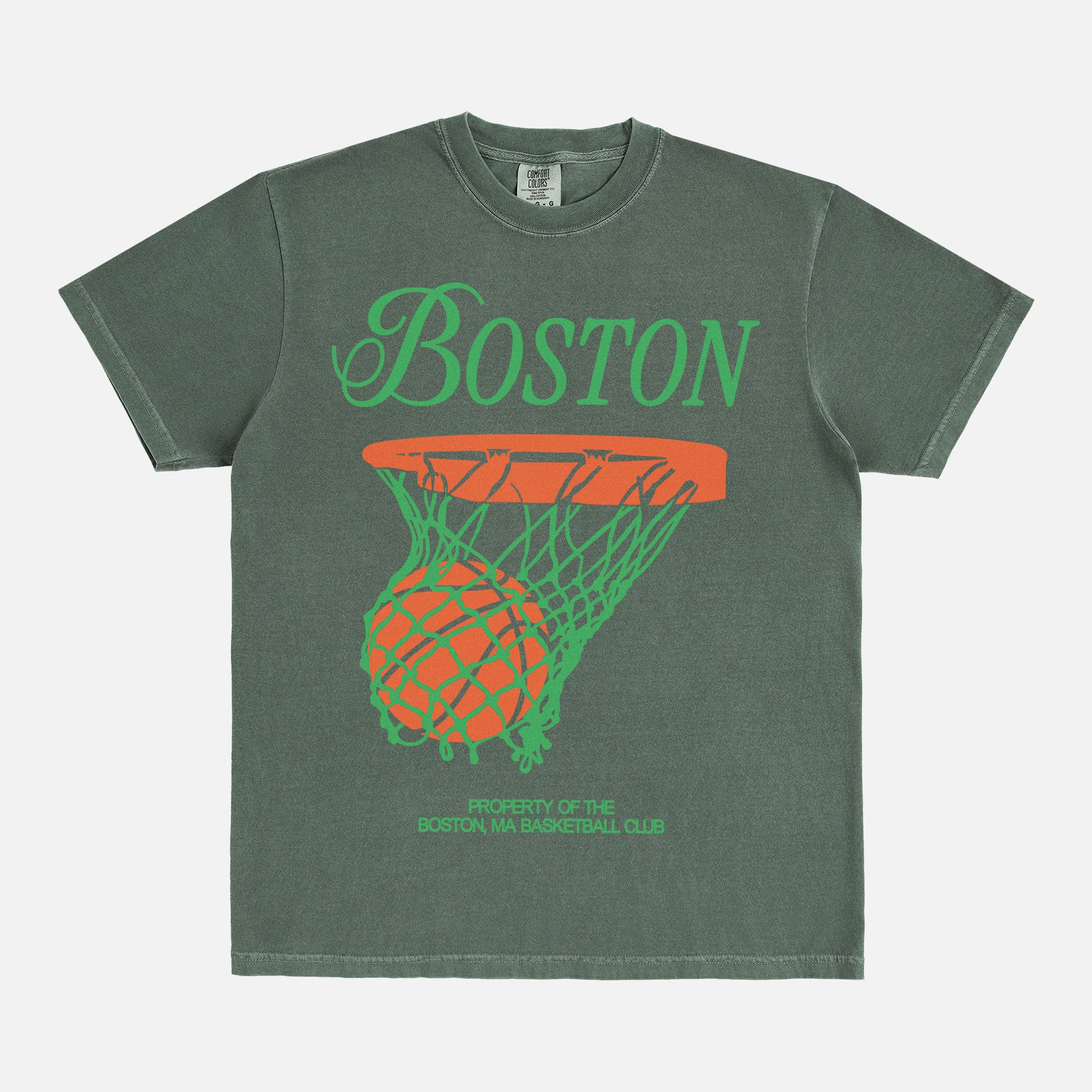 Retro Boston Celtics basketball fan streetwear t-shirt with old school bball jersey script text on a washed green unisex comfort colors shirt