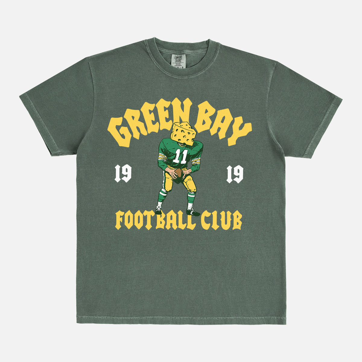 Modern vintage Green Bay Packers t-shirt with vintage mascot streetwear style graphic on a washed green comfort  colors shirt