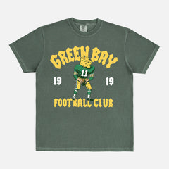 Modern vintage Green Bay Packers t-shirt with vintage mascot streetwear style graphic on a washed green comfort  colors shirt