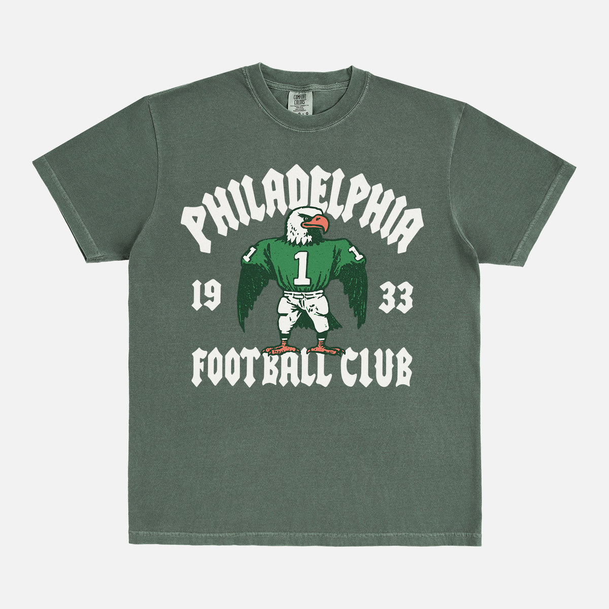 Philadelphia eagles nfl streetwear graphic tee with throwback eagle mascot on a faded green t-shirt