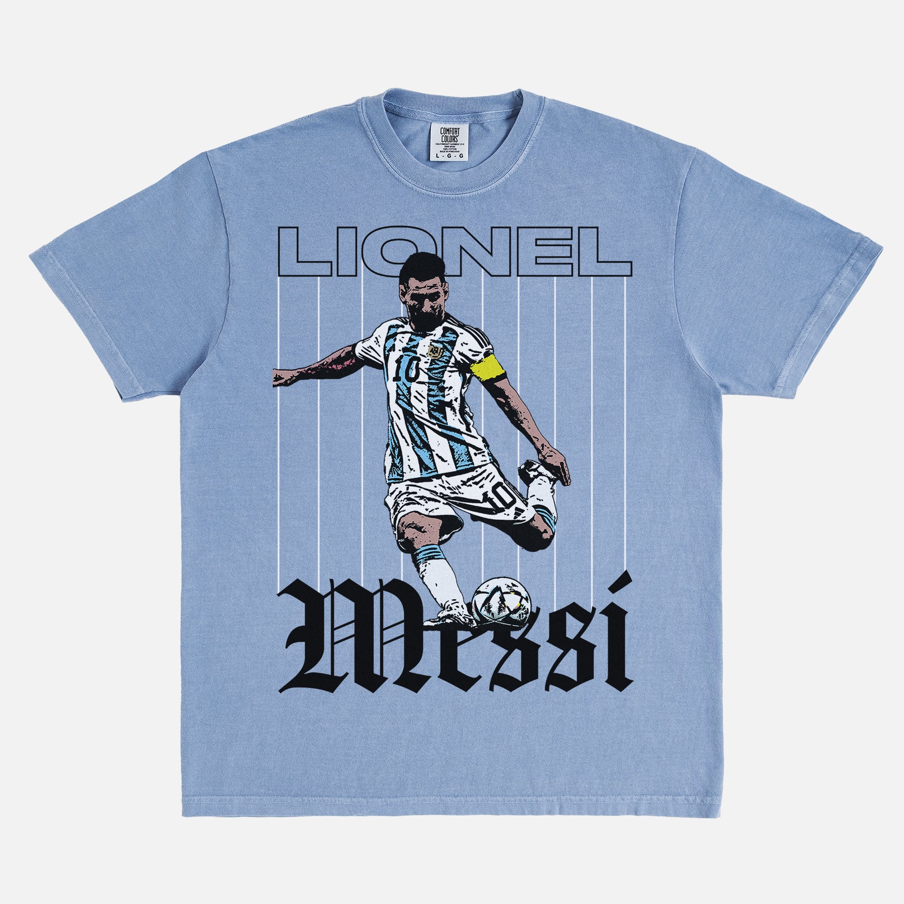 Grunge Lionel Messi graphic t-shirt with retro pinstripes and streetwear style illustration of messi for argentina on a washed light blue unisex tee