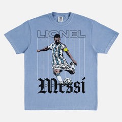 Grunge Lionel Messi graphic t-shirt with retro pinstripes and streetwear style illustration of messi for argentina on a washed light blue unisex tee
