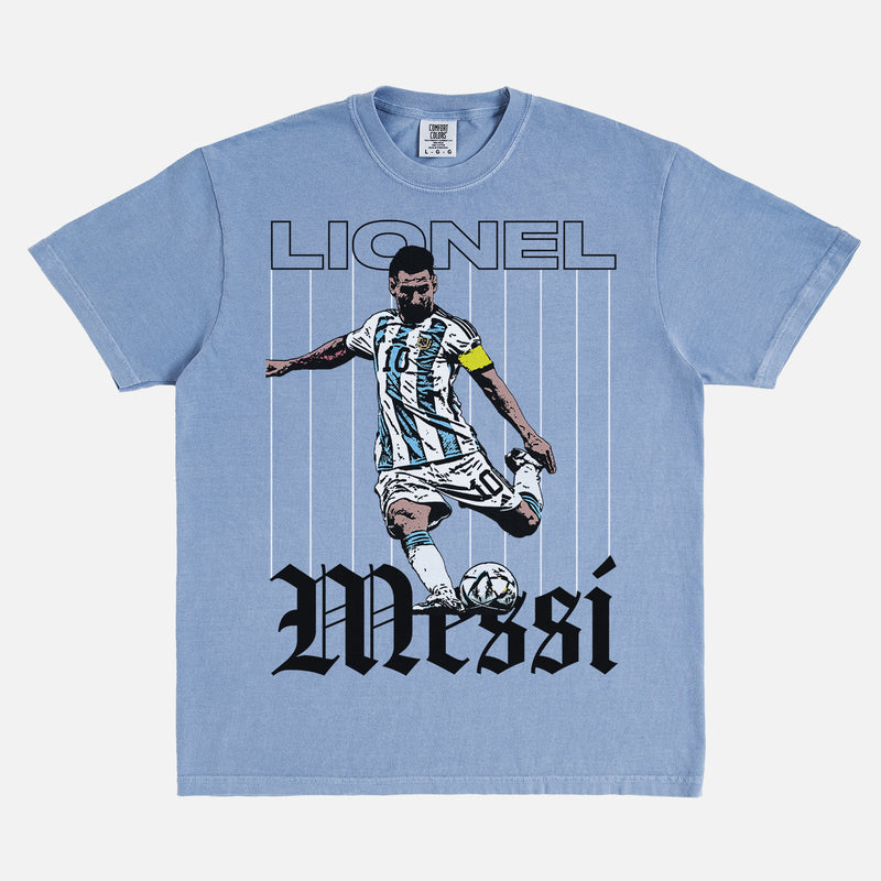 Grunge Lionel Messi graphic t-shirt with retro pinstripes and streetwear style illustration of messi for argentina on a washed light blue unisex tee