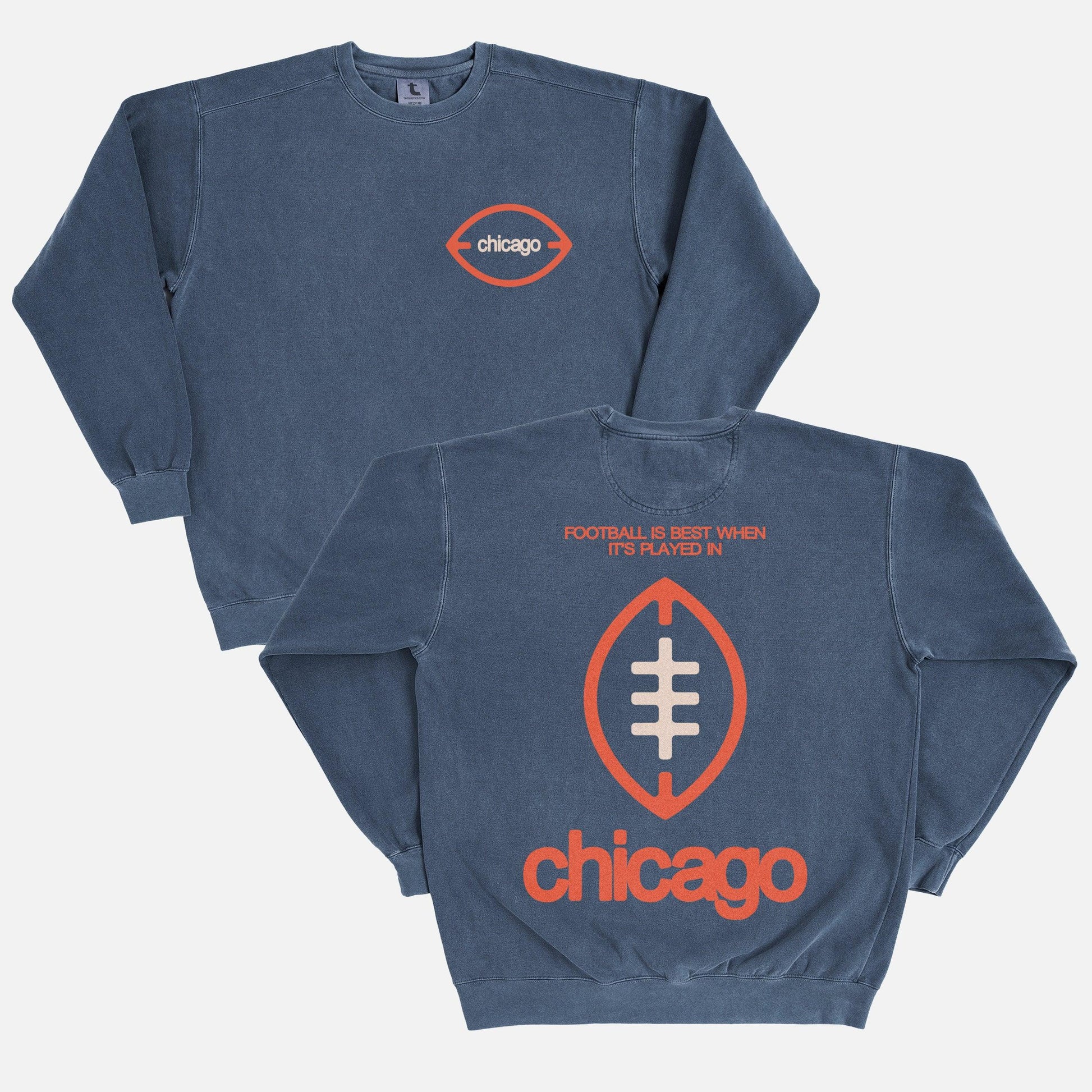 Cute throwback Chicago Bears heavyweight crewneck sweatshirt with front and back oversized print on a faded Comfort Colors sweater