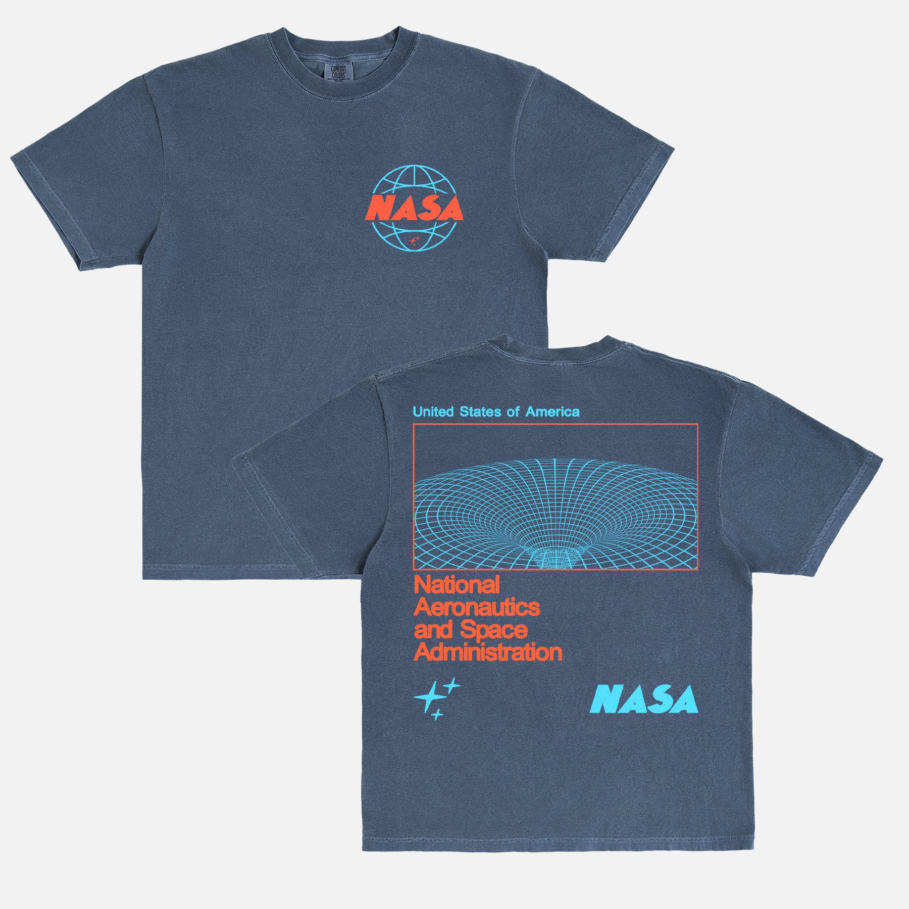 NASA logo graphic tee shirt with front and back print and oversized wormhole graphic and retro logo on a washed navy Comfort Colors t-shirt