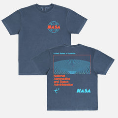 NASA logo graphic tee shirt with front and back print and oversized wormhole graphic and retro logo on a washed navy Comfort Colors t-shirt