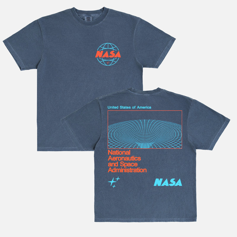 NASA logo graphic tee shirt with front and back print and oversized wormhole graphic and retro logo on a washed navy Comfort Colors t-shirt