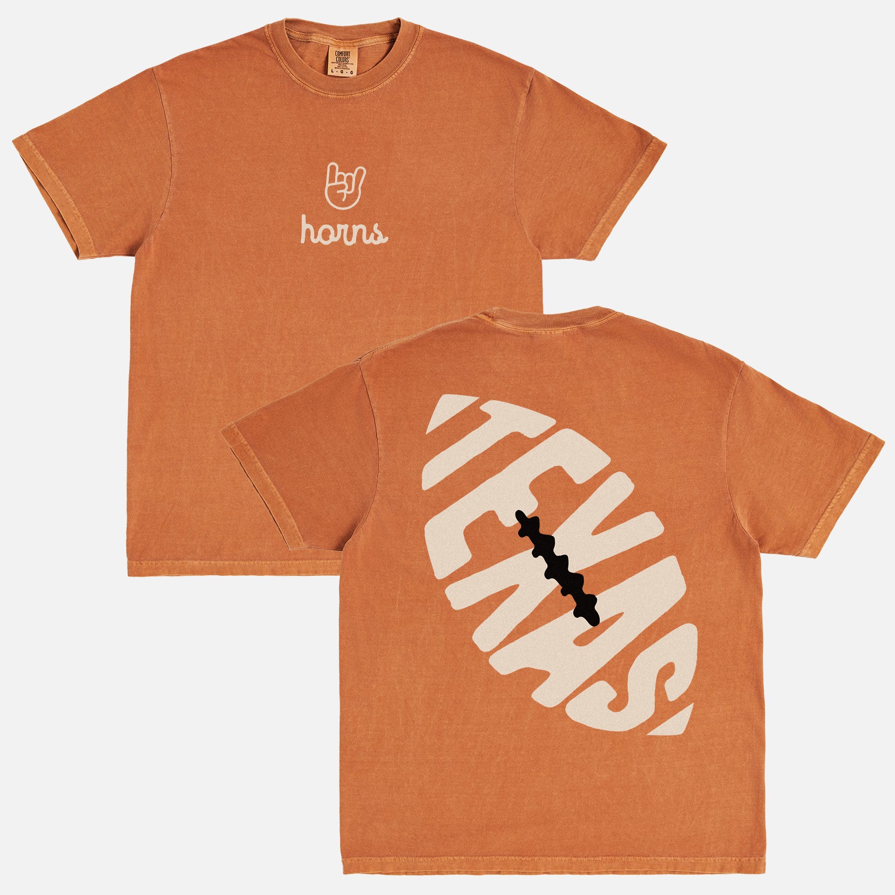 retro washed faded orange Texas Longhorns graphic t-shirt with horns logo and back print on a unisex comfort colors tee