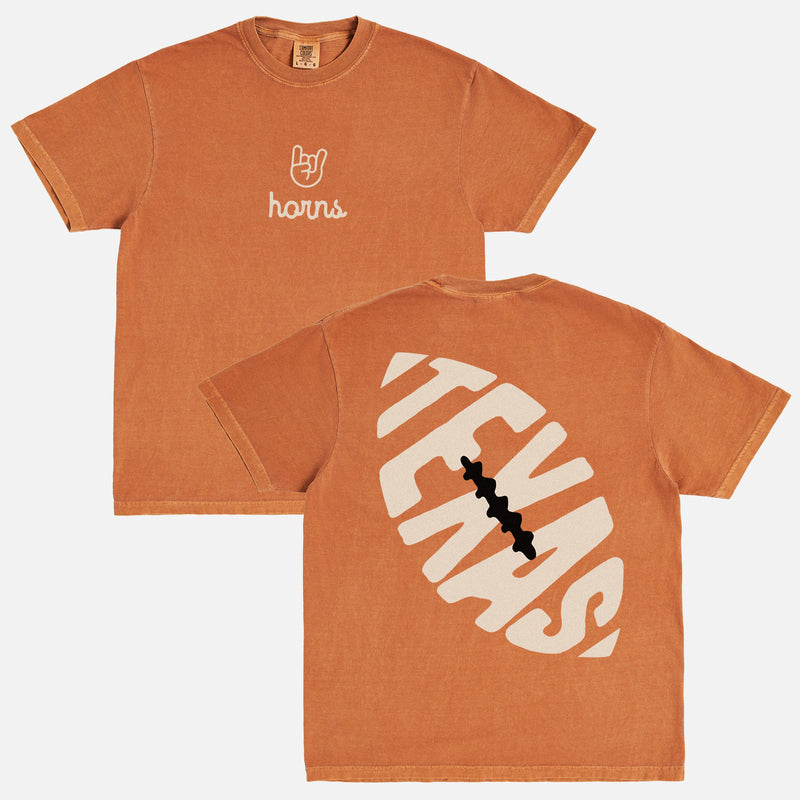 retro washed faded orange Texas Longhorns graphic t-shirt with horns logo and back print on a unisex comfort colors tee