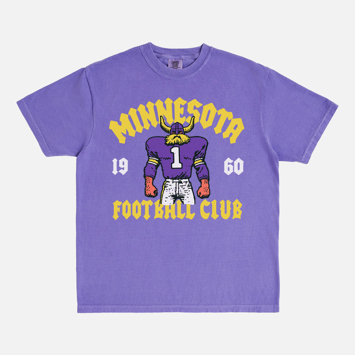 Minnesota Vikings NFL football fan streetwear graphic t-shirt with throwback viking mascot on a faded purple  comfort colors shirt