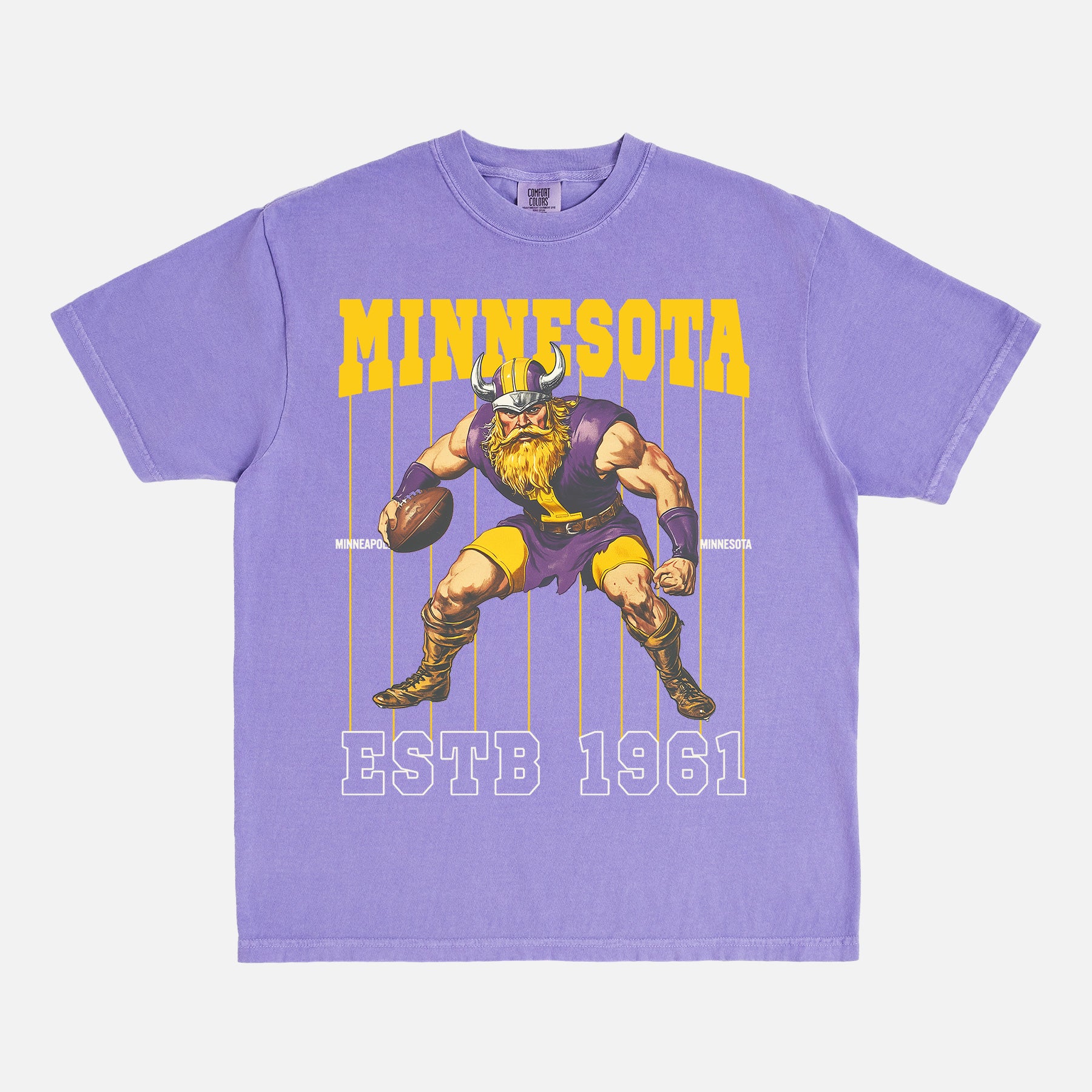 old school minnesota vikings graphic t-shirt with retro mascot pinstripes design on a washed purple comfort colors tee